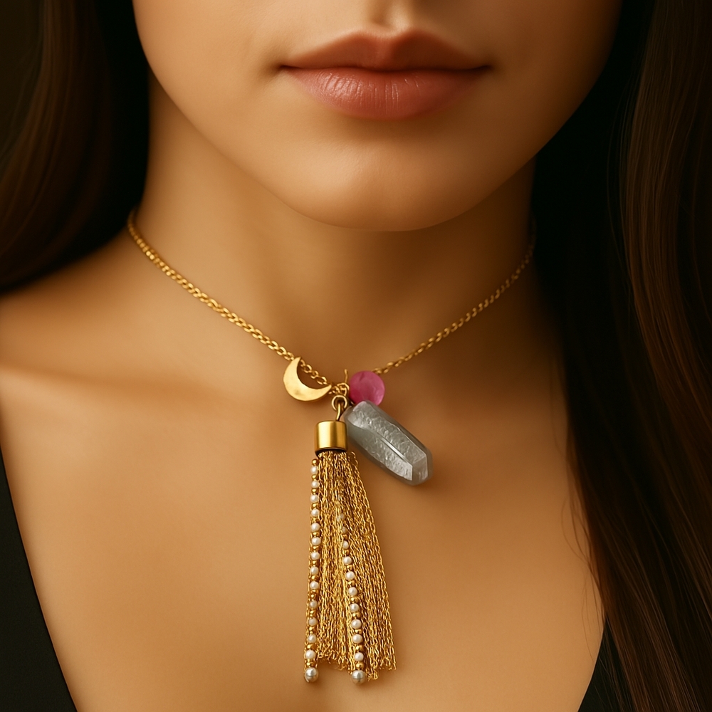 GUESS Gold-Tone Tassel Statement Necklace – Beaded, Fringe Charm & Stone Pendant